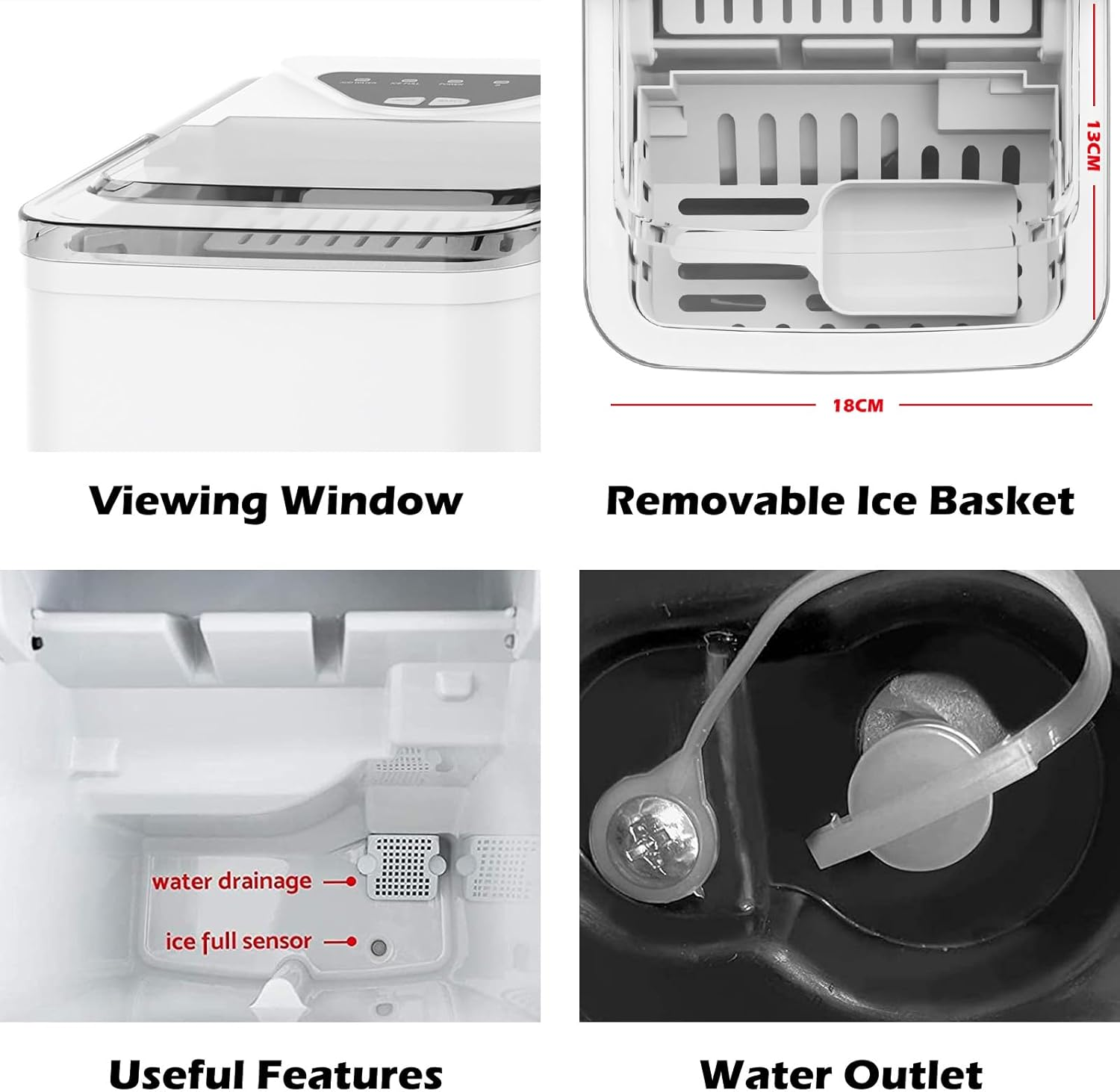 Advwin Ice Maker, 12KG Countertop Electric Self-Cleaning Icemaker, 2 Sizes of Bullet Ice, 26Lbs/24H, Fast Freeze, Scoop & Removable Basket, for Home Party Office, White Portable Icemachine, White image number 6