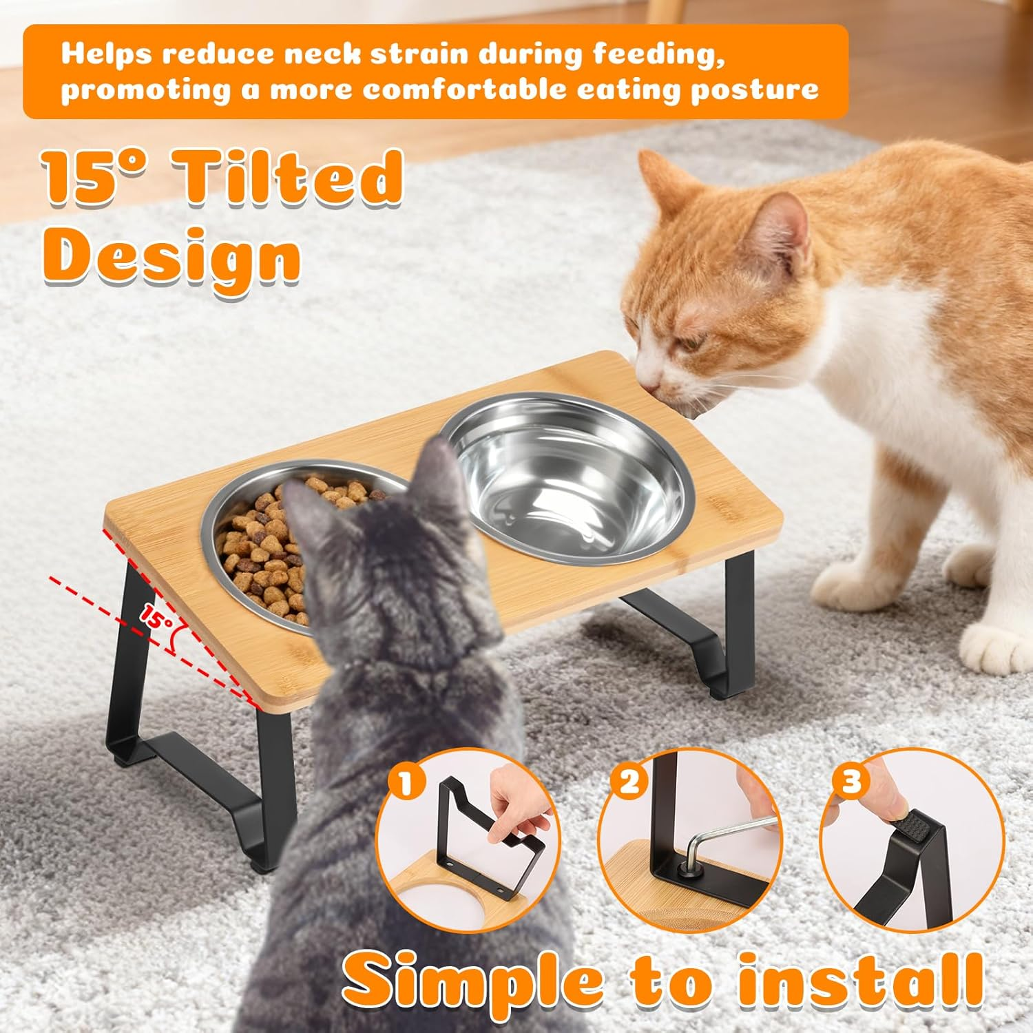 Elevated Cat Bowls, Raised Pet Stand with 2 Stainless Steel Bowls and Nonslip Mats, 15&deg;Tilted Stand anti Vomiting Raised Cat Dishes for Food and Water for Cats and Puppy (Style 2) image number 3