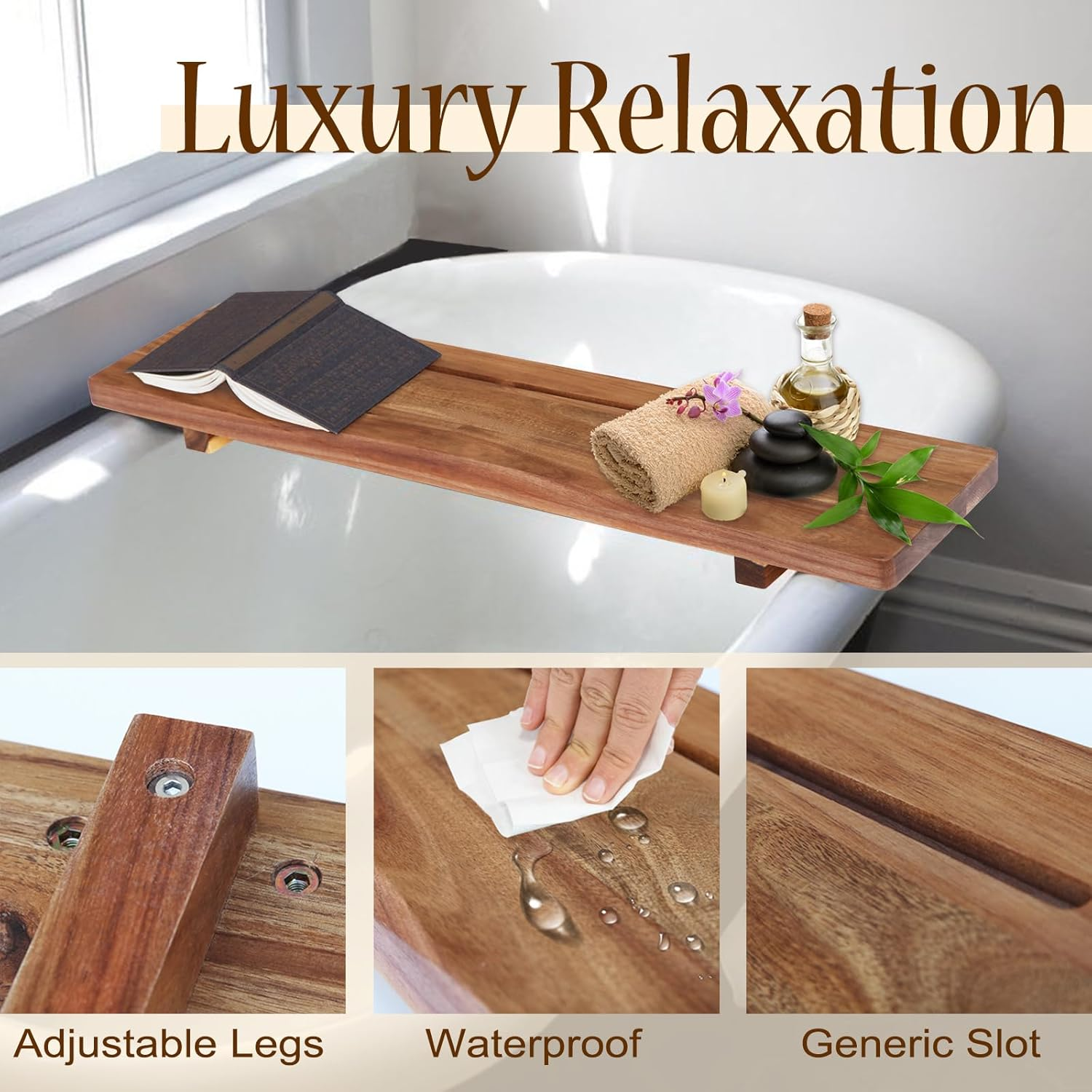 Premium Acacia Wood Bathtub Tray Caddy with Adjustable Legs, Minimalistic Design Bath Tray for Tub, Bathtub Accessories, Fit Standard Bath Tubs, Gift Idea for Women image number 6