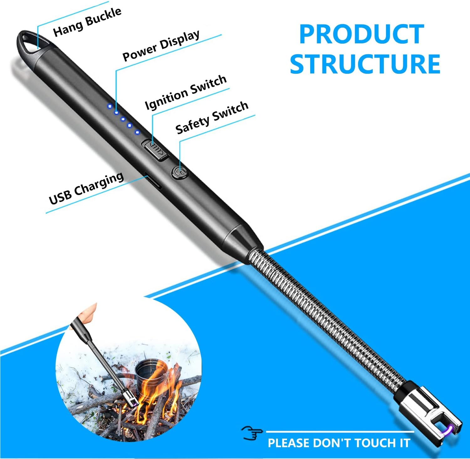 Candle Lighter, Electric Lighter Rechargeable Flameless Long Lighter with Battery Indicator Windproof 360&deg;Flexible Arc Lighters for Candle Grill Kitchen Gadgets Stove Fireplace BBQ Camping, Safe Lock