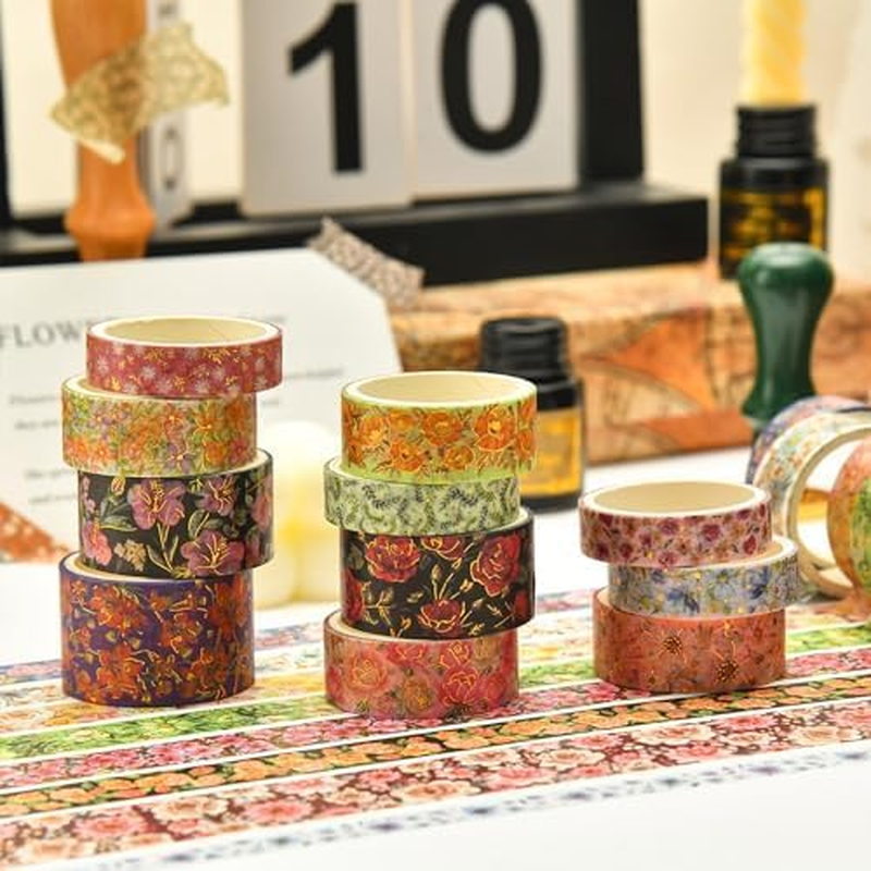 KAVI' S 20 Rolls Flowers Washi Tape Set Floral Arts Adhesive Tapes Gold Foil Decorative Masking Tape Sets for Craft, Kids, Scrapbook, DIY, Gift Wrapping image number 1