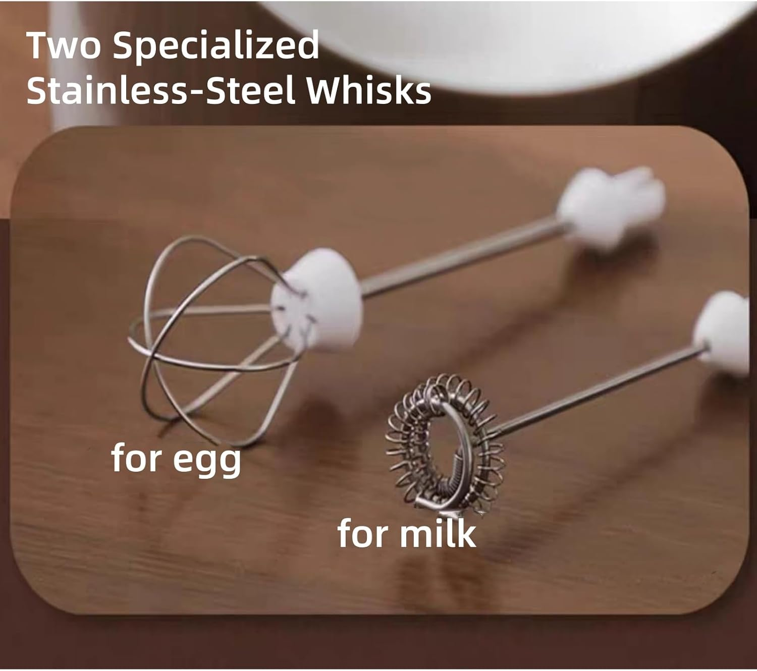 Rechargeable Milk Frother Handheld Blender, Dual-Use, 2 Heads, 3 Speeds, Usb-Powered, Easy Clean, Stainless Steel Whisk, Perfect for Coffee, Latte, Cappuccino, Desserts and Egg, White image number 1