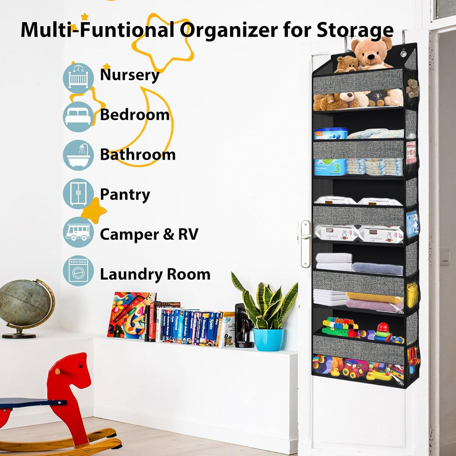 Over Door Organizer with 5 Large Pockets 10 Mesh Side Pockets, 5-Shelf Extra Large and Sturdy Hanging Storage Organizer for Pantry, Nursery (Black) image number 6