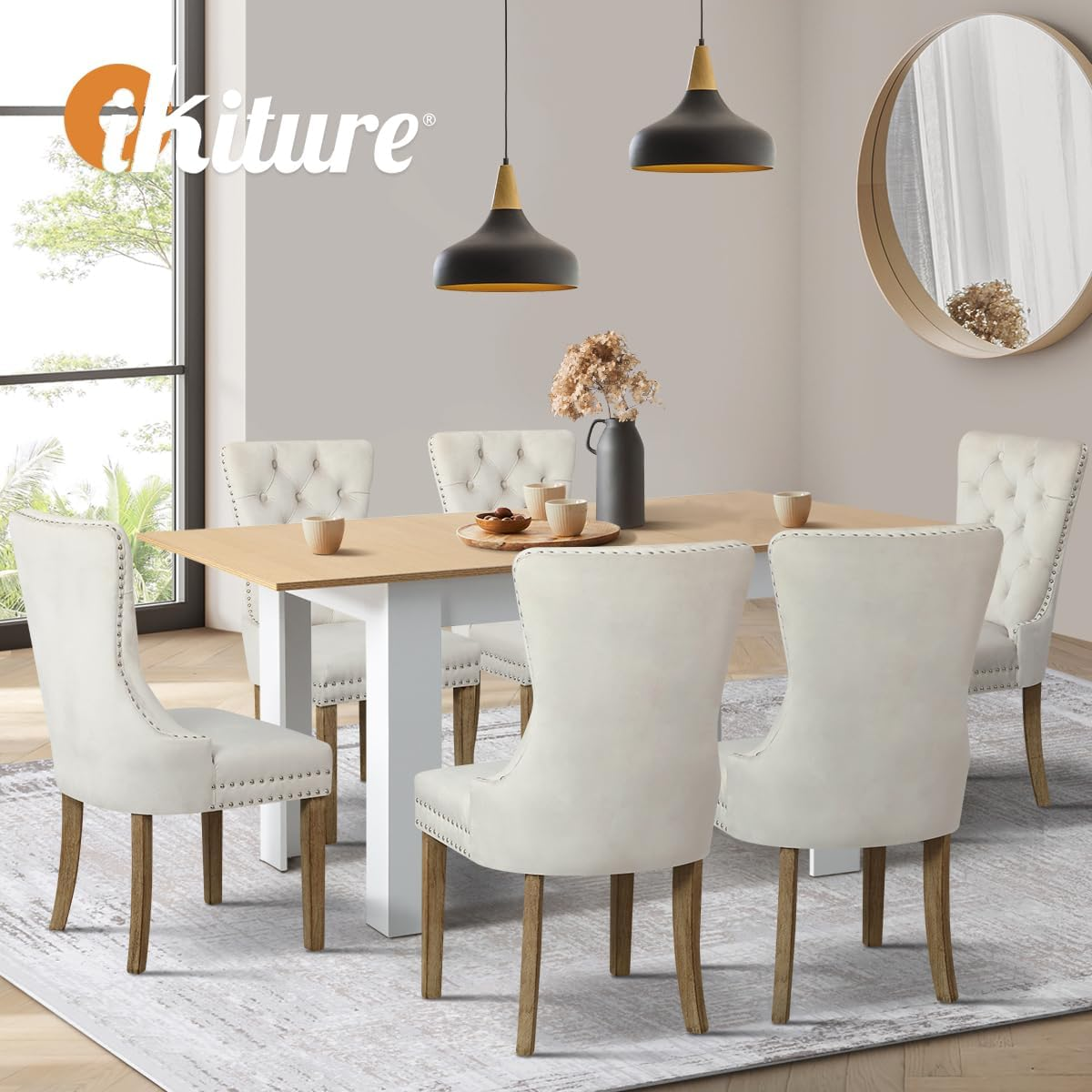 Oikiture Dining Table and Chair Sets 7Pcs Home Dining Sets with Wooden Table and Velvet Chairs image number 2