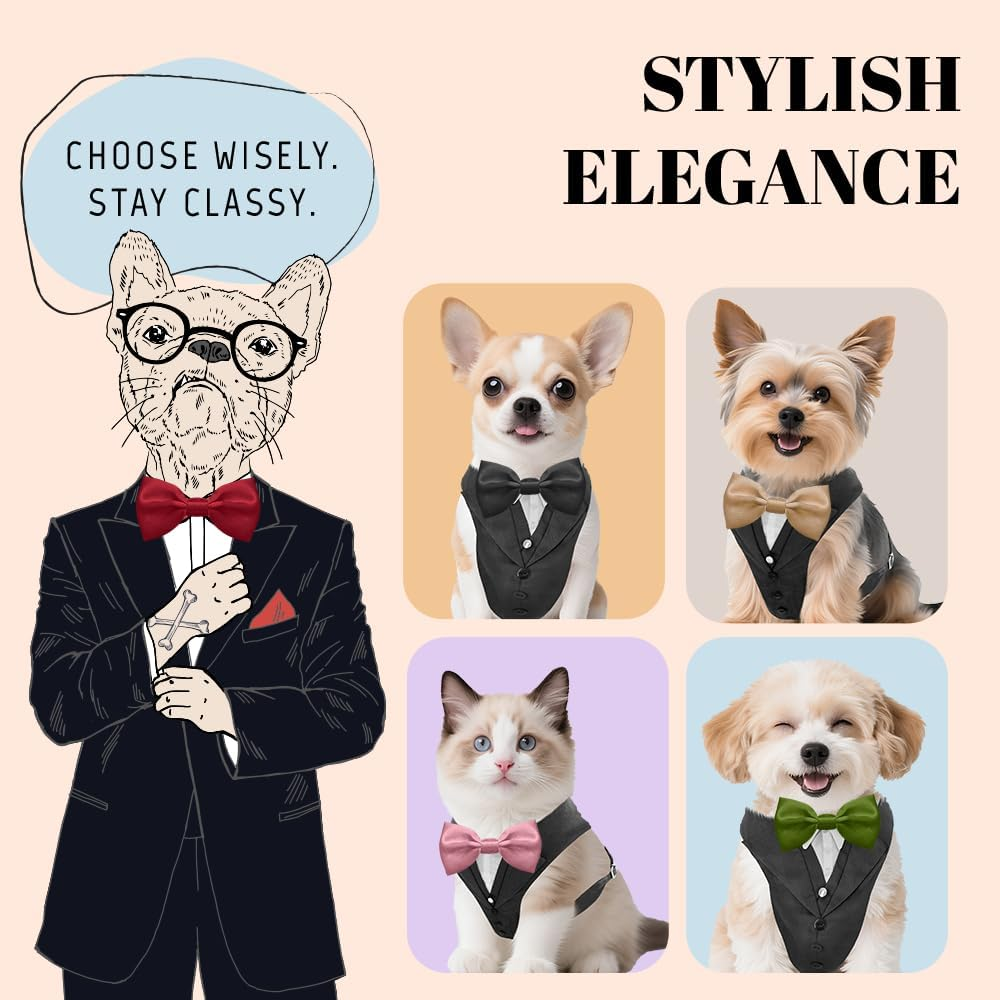 AVERYDAY XS Pet Tuxedo Harness, Wedding Costume Outfit for Small Dogs, Slim Cats and Tiny Pets with 8.3" Neck, 13-14.6" Chest, 10" Max Head Girth, Formal Suit Costume for Mini Breeds image number 4
