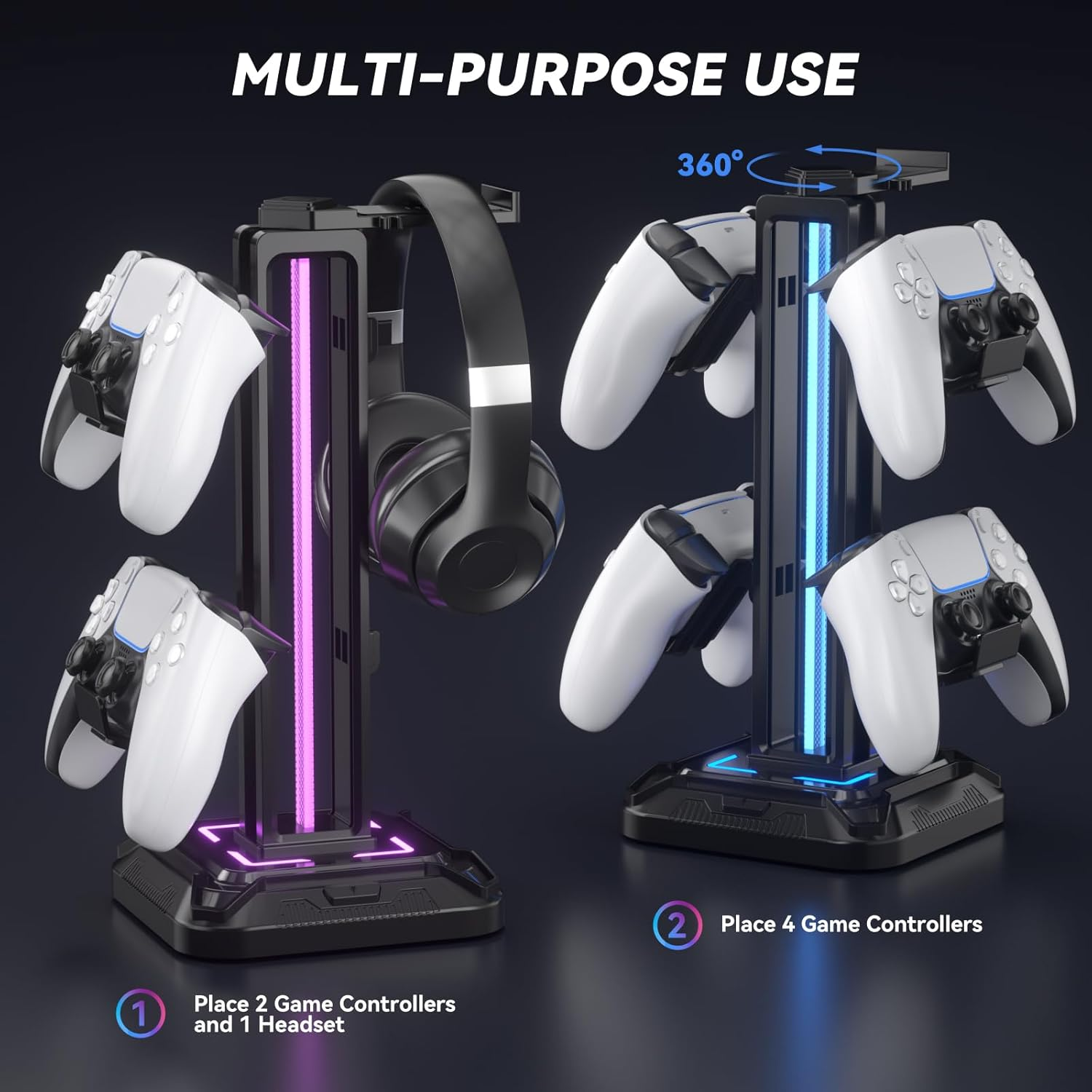 KDD Headset Stand with 9 Light Modes - Detachable Controller Holder for Desk - Rotatable Headphone Stand & Controller Hook Hanger for PC Earphone Gaming Accessories image number 4