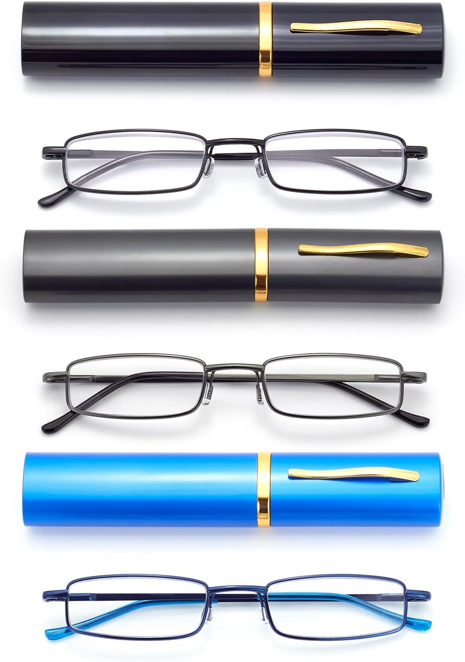 Metal Reading Glasses with Pen Clip Case, Slim Pocket Readers, Clear Lens for Women Men