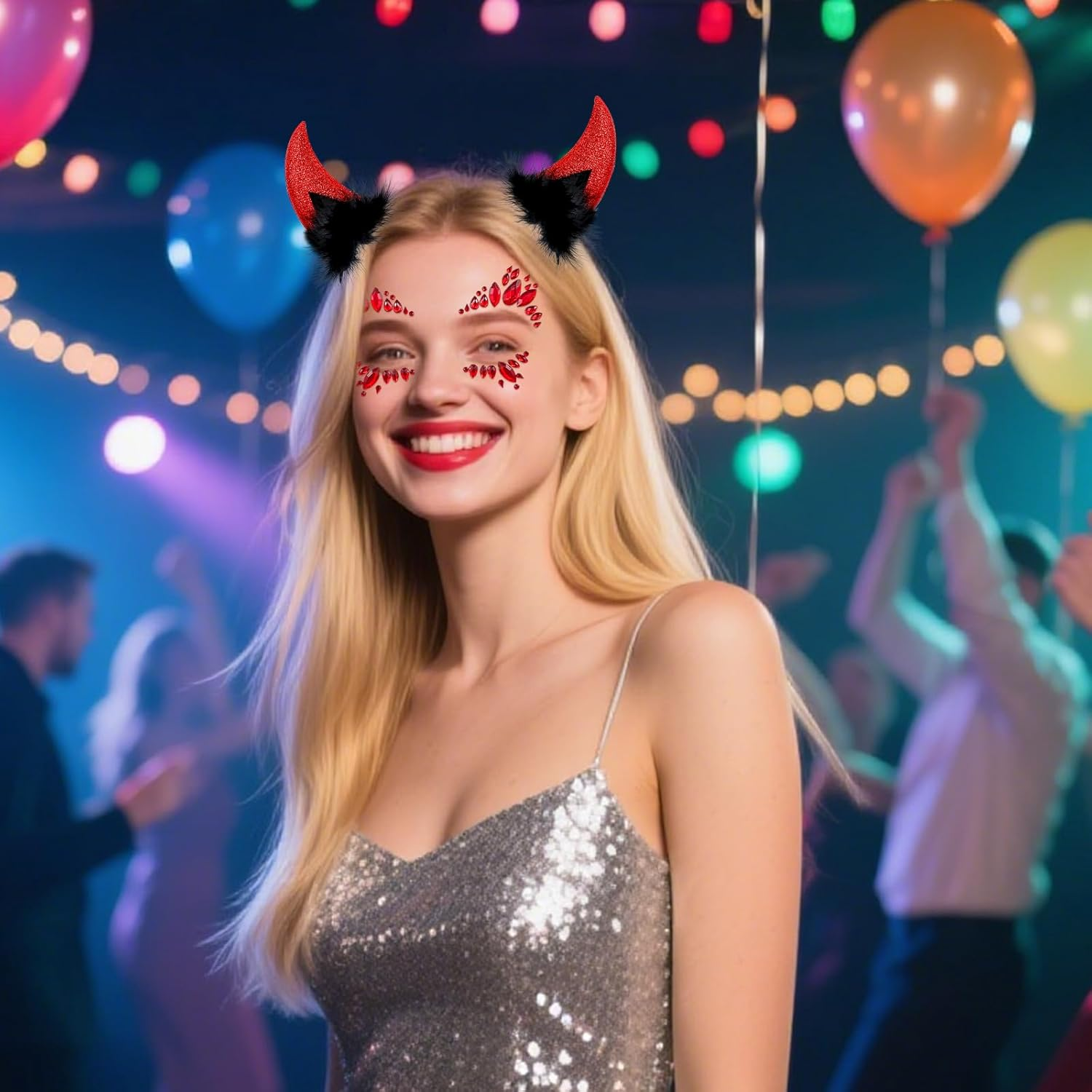 NHTJTHE Devil Horns Headband with Glitter Stones Face, 1 Piece Red Devil Horn Hair Band + 1 Piece Red Shiny Face, Face Tattoo Halloween Cosplay Festivals Birthday Parties image number 3