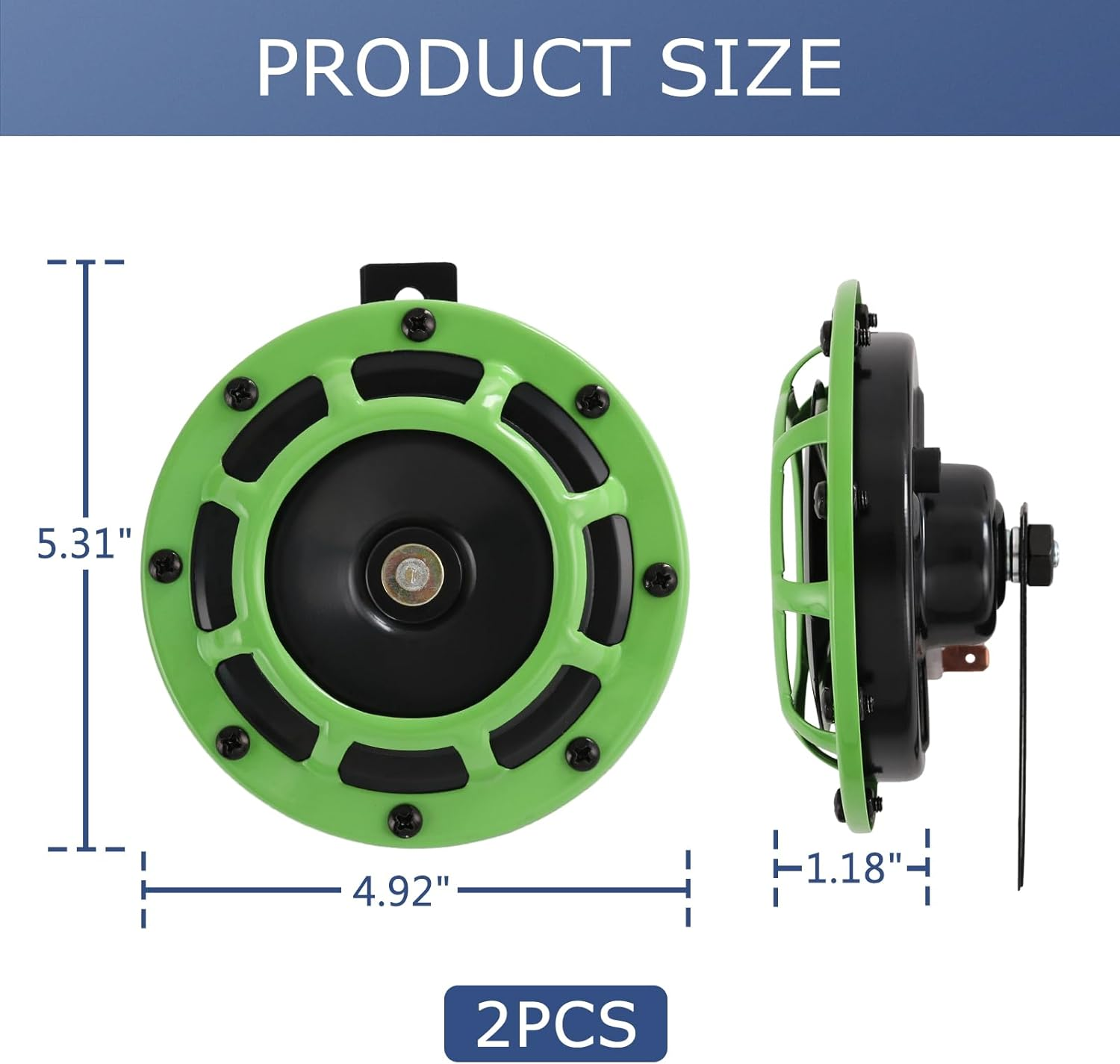 CARMOCAR Eletric Car Horn Kit 12V 135Db Super Loud High Tone and Low Tone Metal Twin Horn Kit with Bracket for Cars Trucks Suvs Rvs Vans Motorcycles off Road Boats (Green) image number 4