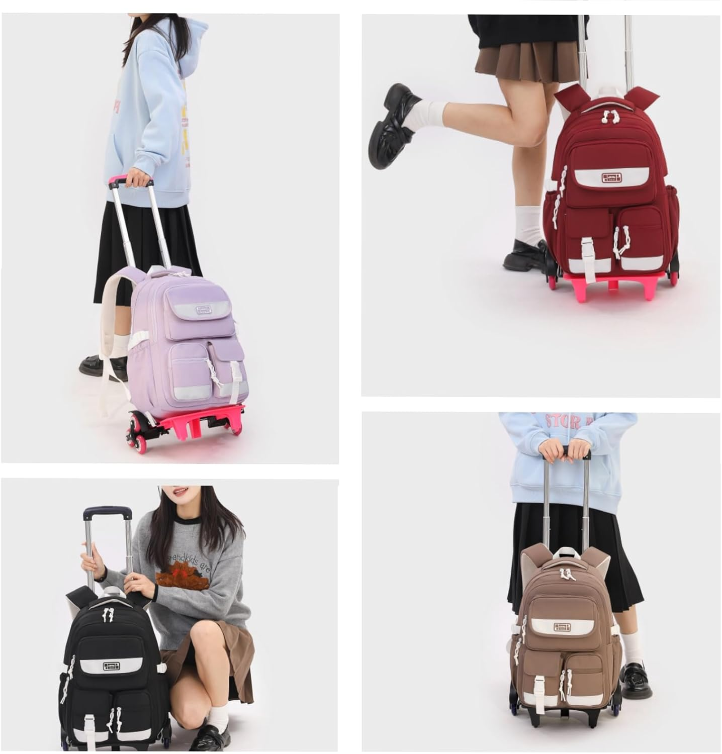 LANSHIYA Solid Color Girls Rolling Backpack with Wheels Schoolbag Elementary School Student Trolley Daypack image number 3