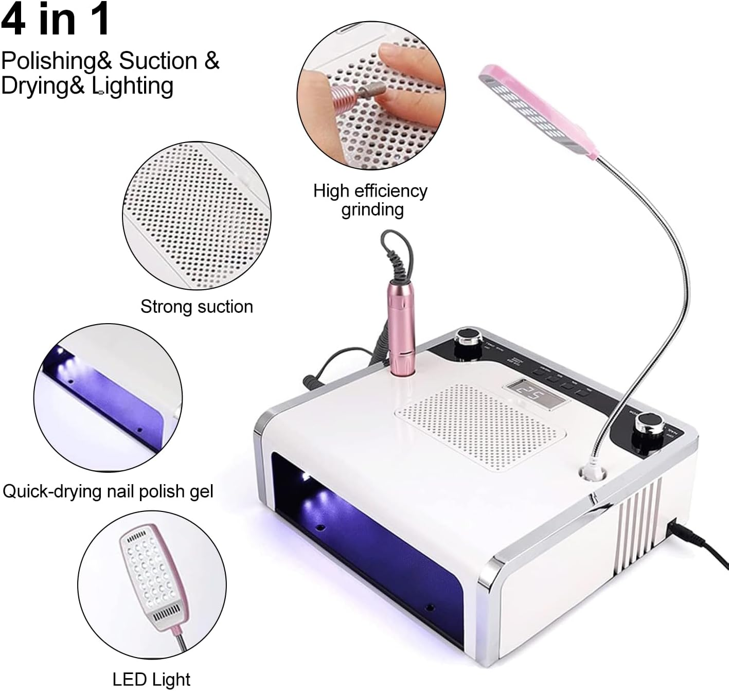 Xoxomeg 4 in 1 Nail Dust Collector, Nail Dryer Vacuum Cleaner with LED Lamp, 35000Rpm/Min, Adjustable Turning Direction, Electric Nail Drill Machine, for Salon & Home image number 6