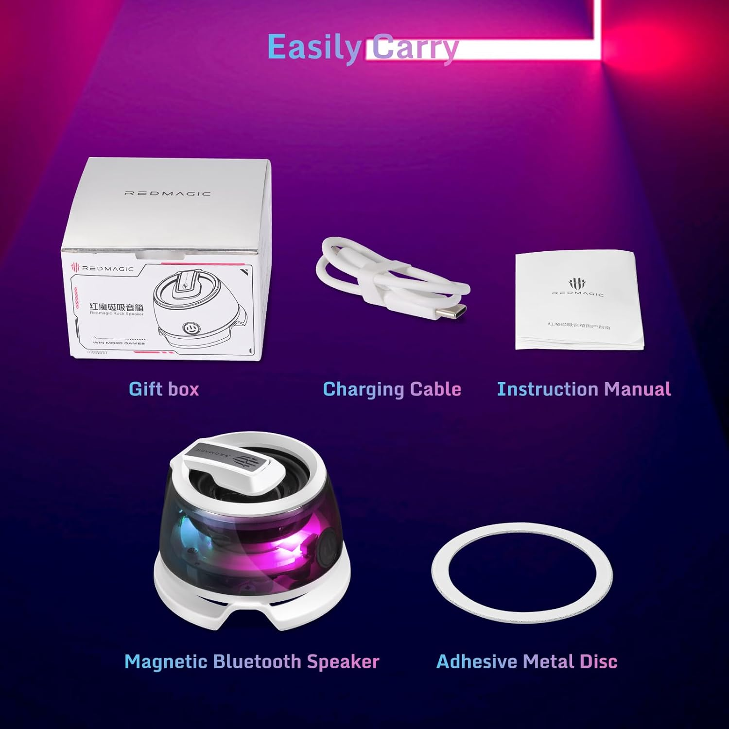 Nubia Redmagic Mini Bluetooth Speaker, Phone Stand with Small Speaker, BT 5.3, RGB Light, Game/Music Mode, Wireless Portable Magnetic Speaker for Golf Cart, Travel, Shower, Outdoors or Metal Surface image number 1