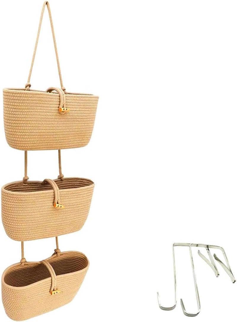 3 Tier Hanging Wall Basket with Hook/Cotton Basket,Door Hanging Basket Organizer & behind Door Wall Storage,Boho Nursery Decor for Living Room, Bathroom