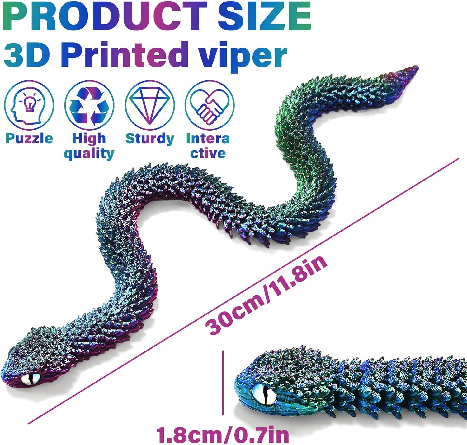 TEAONE 3D Snake Toy, 3D Printed Animal for Desktop Decor, Birthday Gift, Loot Bag Fillers (Dazzling Color, Length 30Cm/11.81In) image number 2