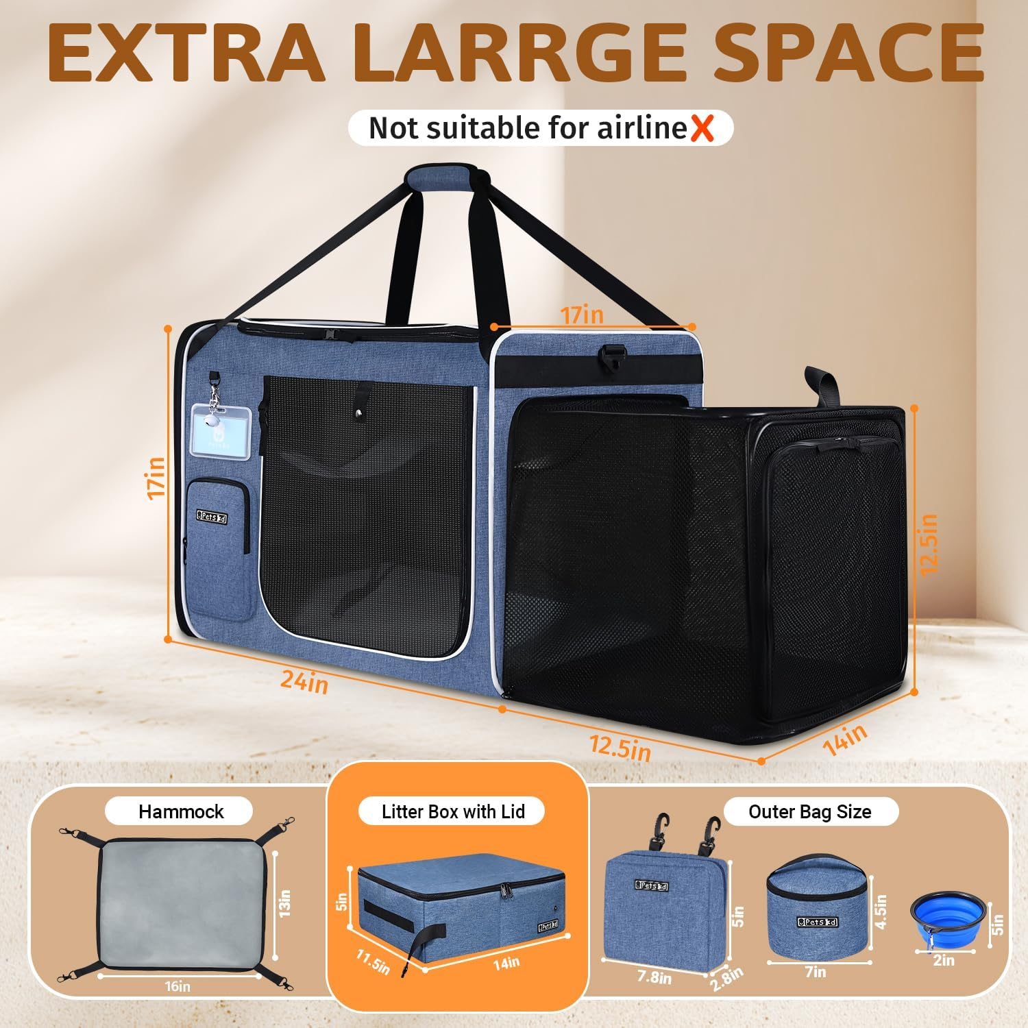 Petskd Side Expandable Extra Large Cat Carrier with Litter Box Area for Long Distance Car Travel,24"X17"X17" Collapsible Soft-Sided Large Pet Carrier with Zipper Locks for 2 Cats under 55Lbs(Blue) - Blue image number 5