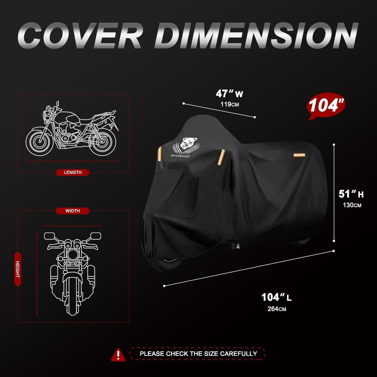 Clawscover 116" XXXL Motorcycle Covers Waterproof Outdoor,Heavy Duty Fadeless 420D Polyester Cloth All Season Anti-Uv Touring Scooter Cover Accessories,For Harley Davidson Honda Kawasaki Yamaha Suzuki image number 1
