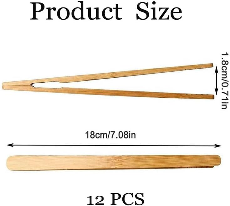 12Pcs Bamboo Tongs,18Cm/7.09 Inchbamboo Toast Tongs Set,Natural Wood Kitchen Tweezers, Reusable Wooden Kitchen Tongs Environmental Tea Tong for Toast Bread Pickles Fruits Tea,Friendly Cooking Utensils