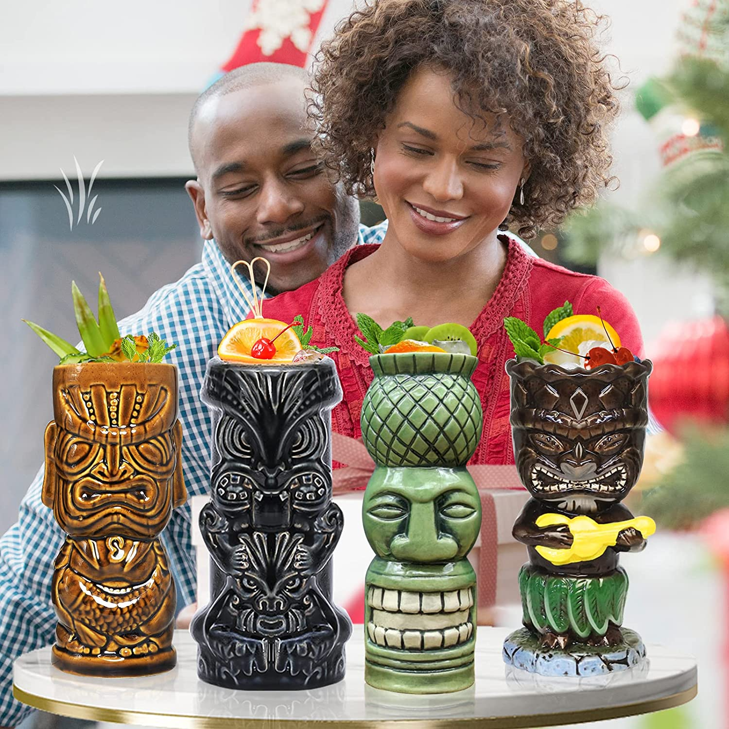 Tiki Glasses for Cocktails Tiki Mugs Set of 4 Ceramic Party Cups Bar Decor Creative Large Hawaiian Drinking Decorations Vintage Tropical Drinkware Barware 4 Packs image number 4