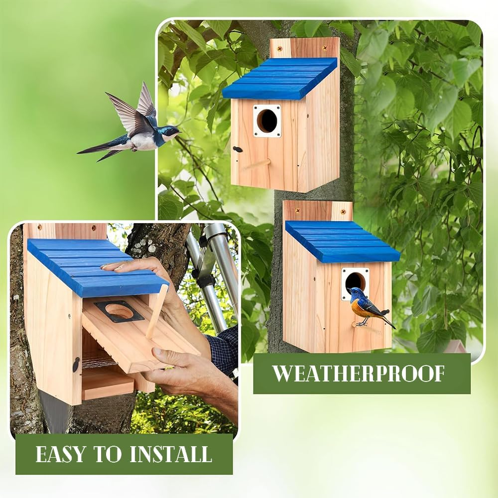 2 Pack Cedar Bluebird Box Houses for Outside,Tree Bird Nest Breeding Box,With Metal Guard,Garden Decoration Birdhouses,For Blue Bird,Sparrow,Chickadee,Wren image number 1