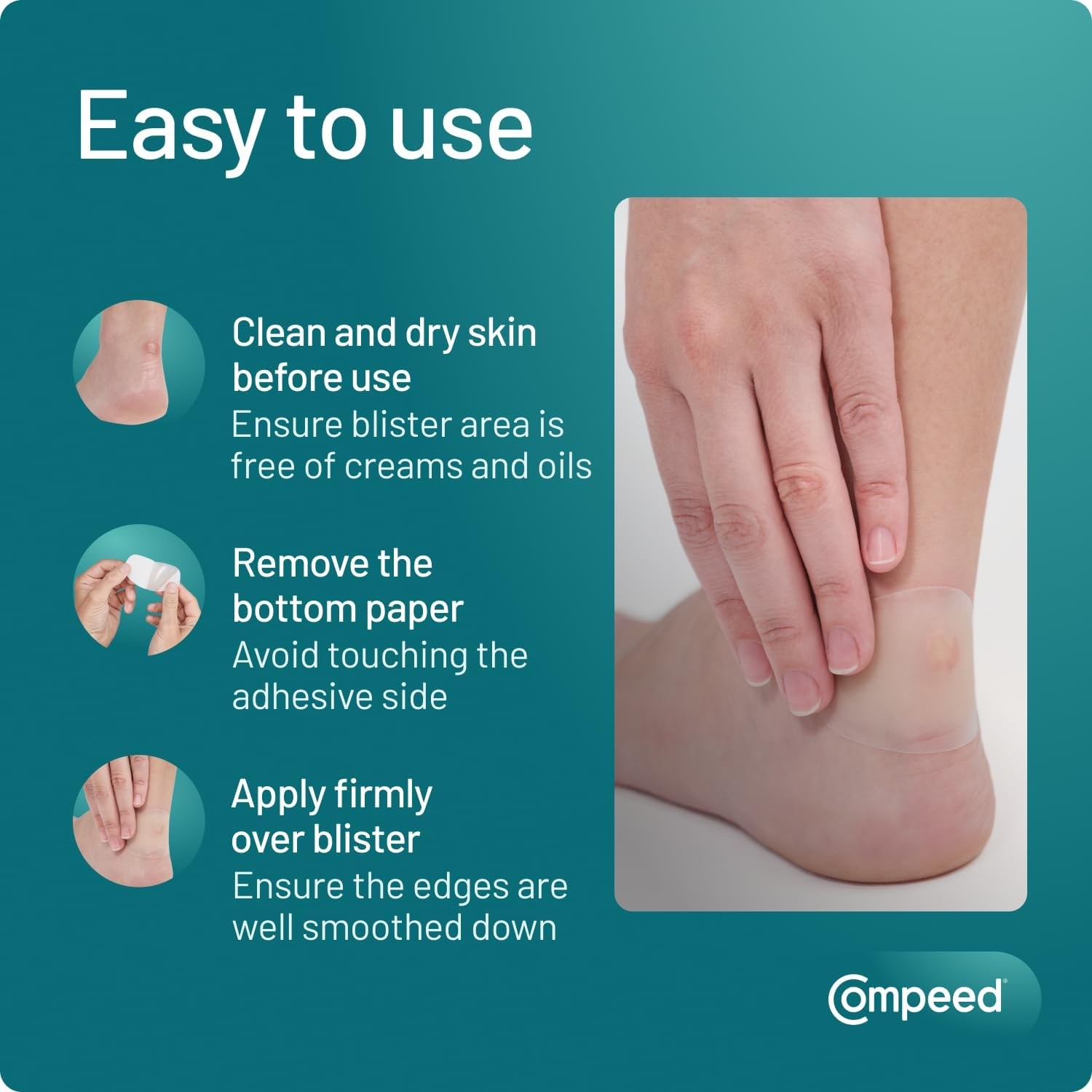 Compeed Medium Size Blister Plasters, 5 Hydrocolloid Plasters, Foot Treatment, Fast Pain Relieve, Dimensions: 4.2Cm X 6.8Cm image number 5