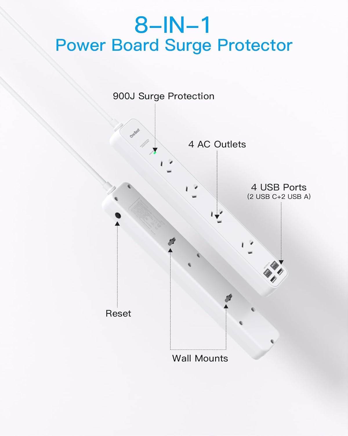 Power Board Surge Protected, 4 Widely Outlets with 4 USB Ports(2 USB a 2 USB C Charging Port), USB Power Board with 1.2M Extension Cord, 900J Surge Protection, Flat Plug, Wall Mount for Home Office image number 5