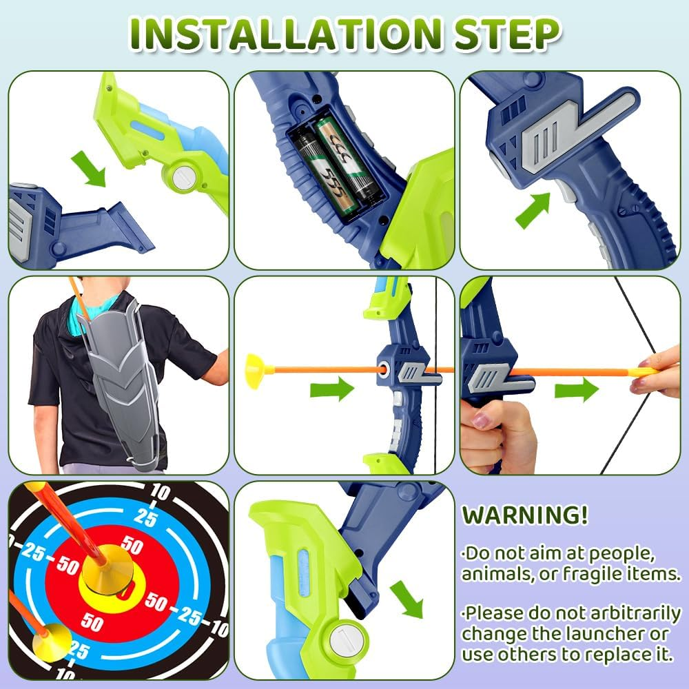 AUTOWT Bow and Arrow Toys with LED Light up Archery, Indoor Outdoor Activity Toy Play Set with 10 Suction Cup Arrows, Target & Quiver for Kids Boys Girls 4 5 6 7 8 9 10+ (Green) - Pink image number 3