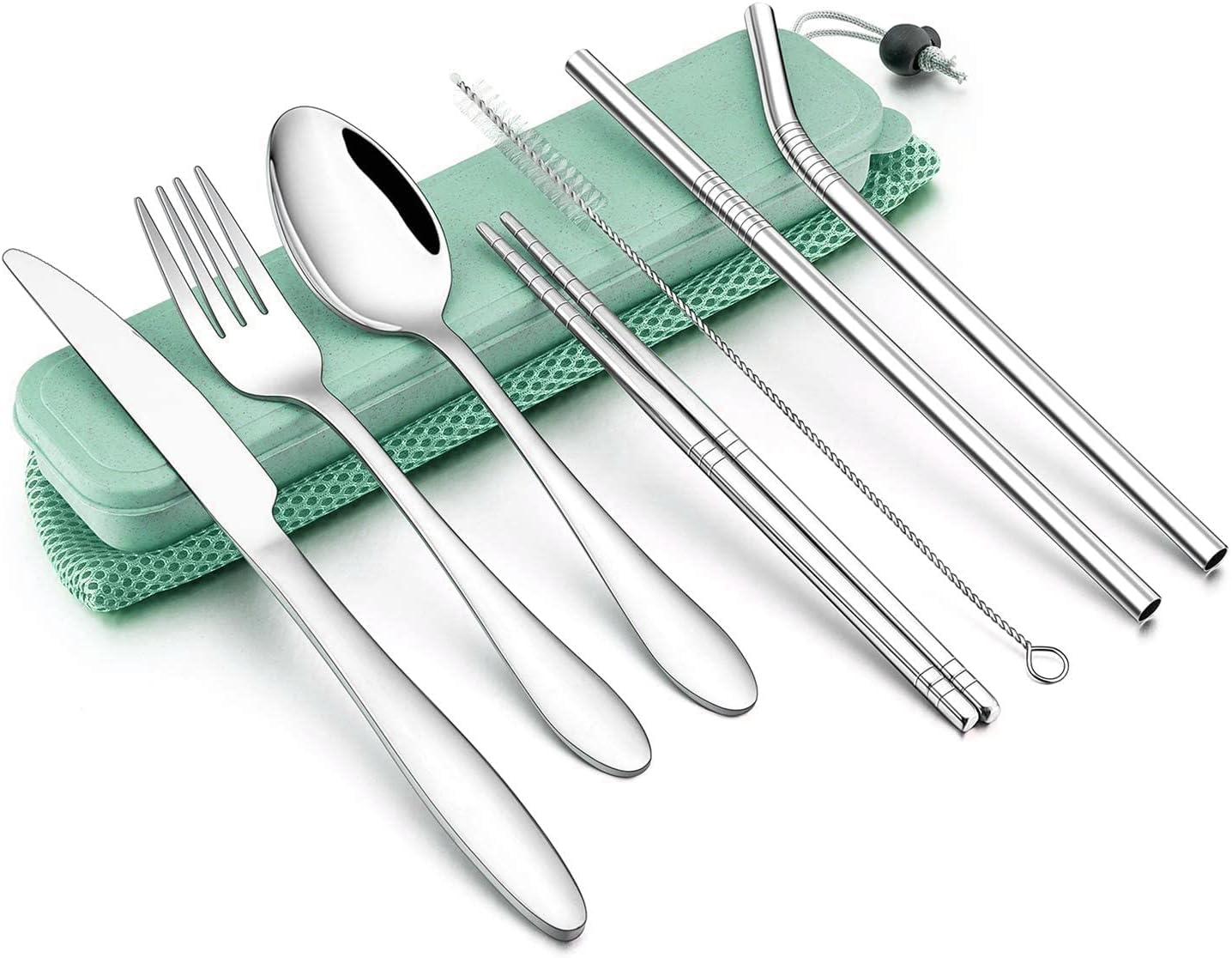 8PCS Portable Stainless Steel Straw Tableware Dinnerware Travel Camping Cutlery Green