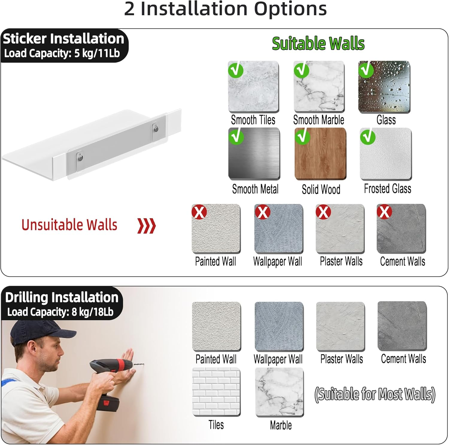 HNVNER Metal Wall Shelf, Set of 2, 40 Cm, White Floating Shelf, No Drilling, Aluminium Shower Shelf, Rustproof & Stick-On Assembly, for Wall Decoration and Storage in the Living Room, Bedroom image number 7