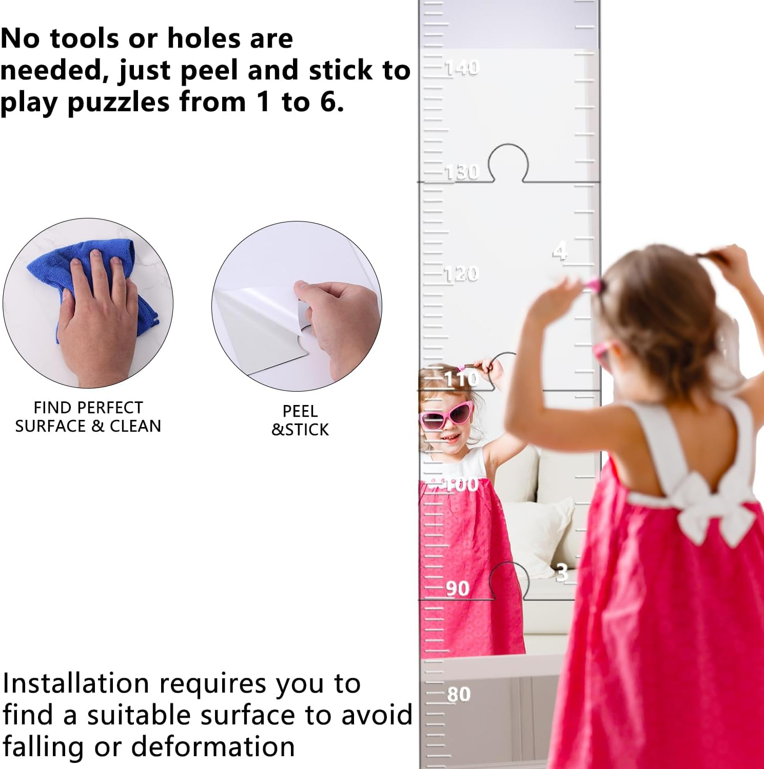 Puzzle Mirror Growth Chart, 47.24X7.09In Acrylic Growth Chart Mirror for Wall Height Measuring Mirror Kids Height Wall Chart Mirror for Nursery Wall Decor image number 3