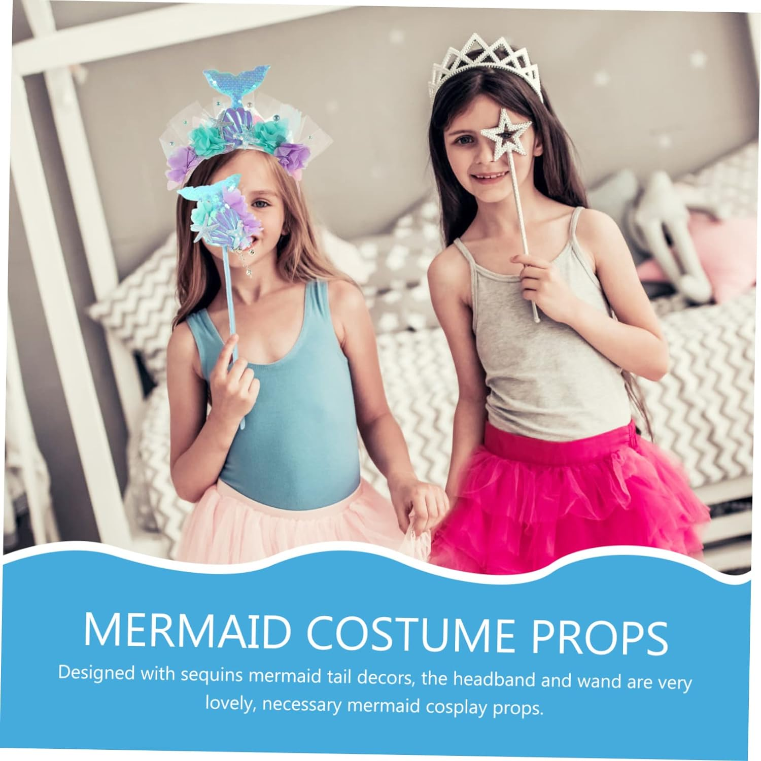 1Set Mermaid Costume Set Sequin Crown Headband Fairy Wand for Accessories for Birthday Cosplay Parties Decorative Hair Hoop Girls Mermaid Props image number 2