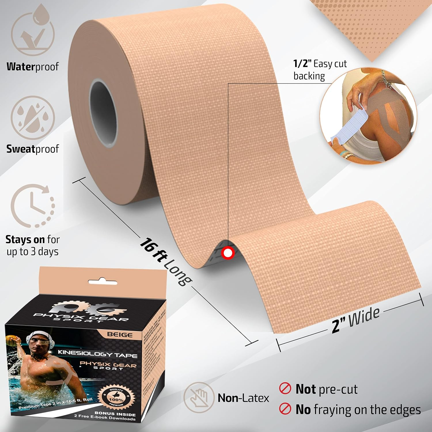Physix Gear Sport Kinesiology Tape with Illustrated E-Guide - 16Ft Uncut Roll - Best Relief Adhesive for Muscles, Shin Splints, Knee & Shoulder Aches - 24/7 Waterproof Therapeutic Aid image number 5