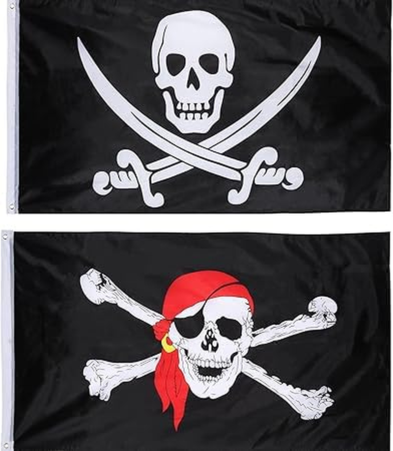 Jolly Roger Flag Pirate Skull Flag for Pirate Party Halloween Decoration Pirate Day, 3 by 5 Feet (Skull and Red Scarf, 2 Pieces) image number 3