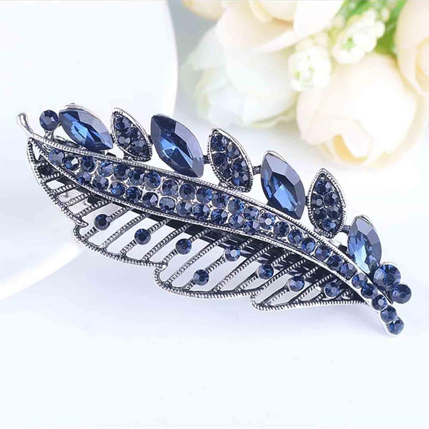 Yheakne Rhinestone Wedding Hair Clip Barrette Blue Crystal Hair Clip Shiny Bridal Headwear Decorative Headpiece Sapphire Crystal Hair Clip Bridal Hair Accessories for Women and Girls (Blue A) image number 2