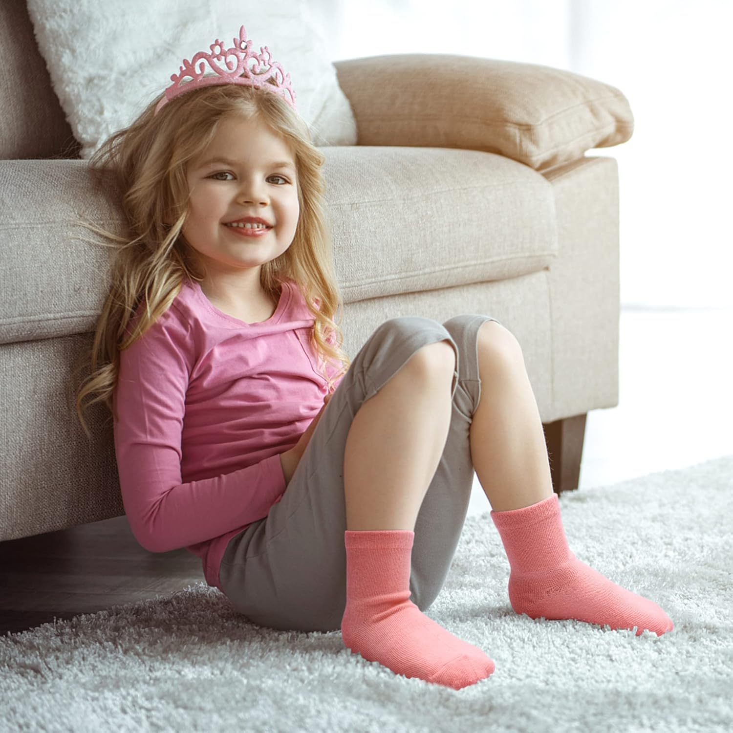 Hyzgb 12 Pack Non Slip Kids Toddler Baby Socks with Grips for 1-7 Years Boys Girls Cotton Crew Socks Multi Colors