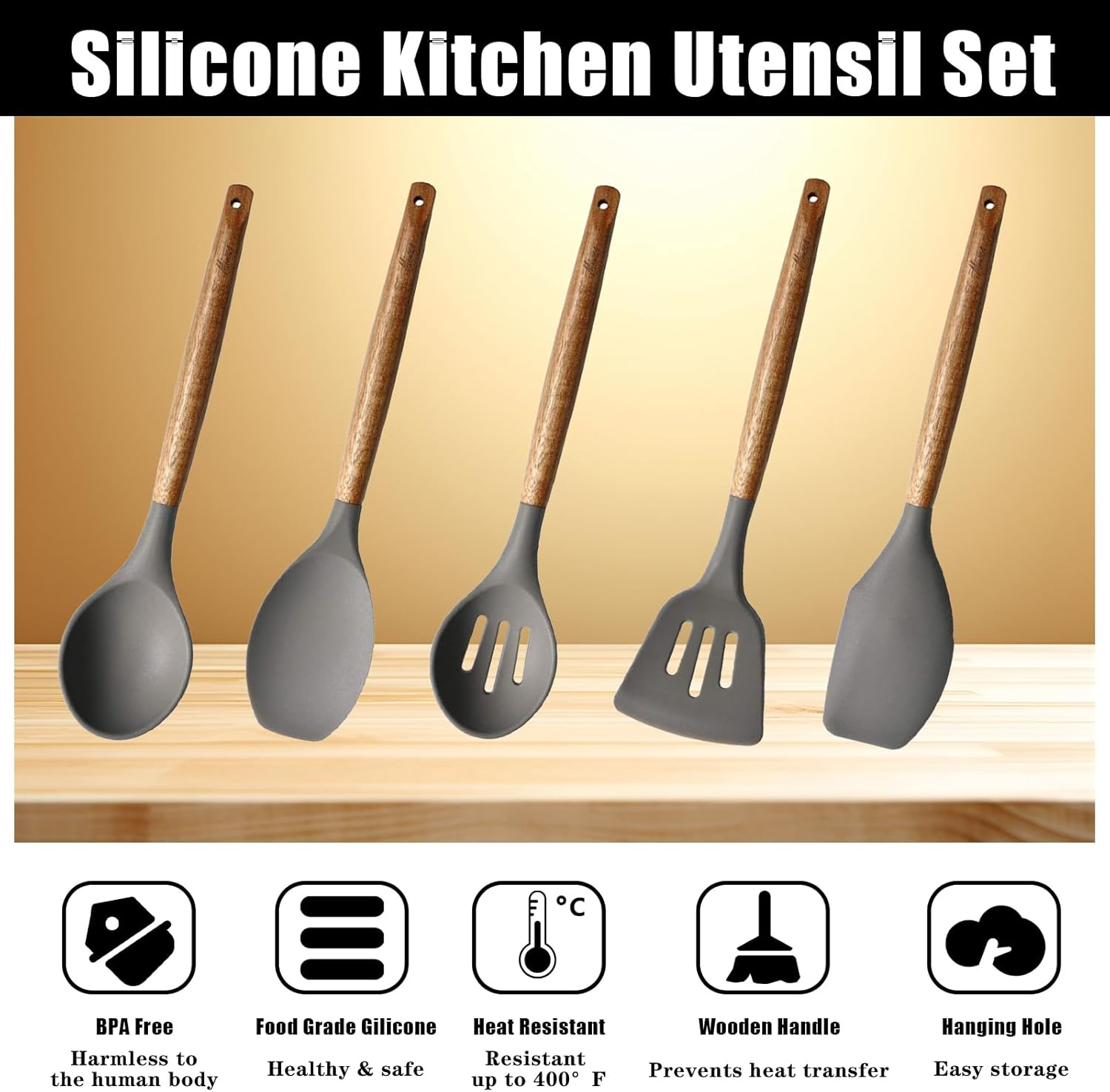 Miusco 5 Piece Silicone Cooking Utensil Set with Natural Acacia Hard Wood Handle, Grey image number 1