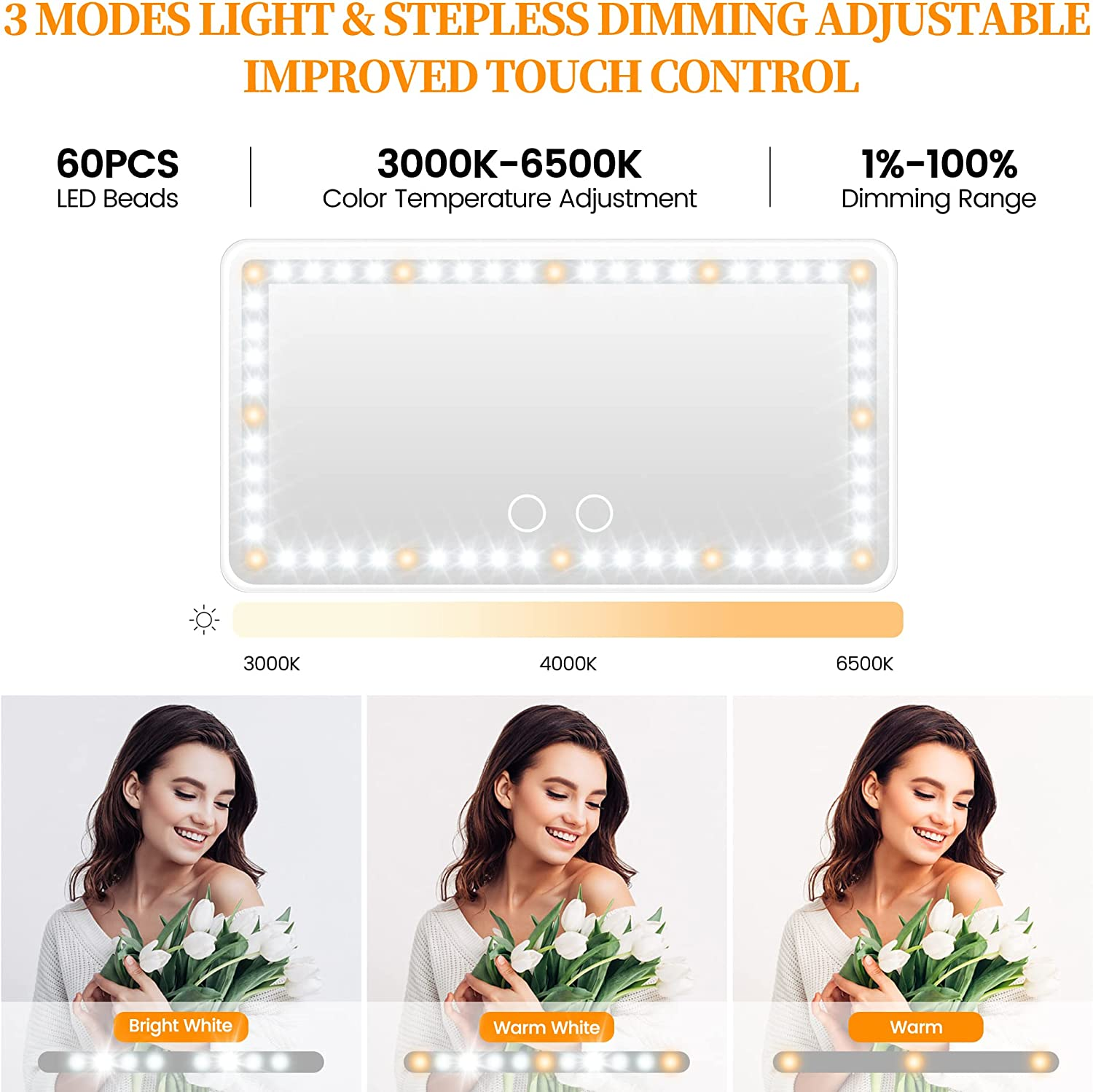 Car Sun Visor Vanity Mirror with Lights, 2 Pcs Rechargeable Car Makeup Mirror Accessories, Birthday Gifts for Women Girl, 3 Light Modes, Dimmable Touch Led Screen, Universal for Car Truck - 2Pack White image number 4