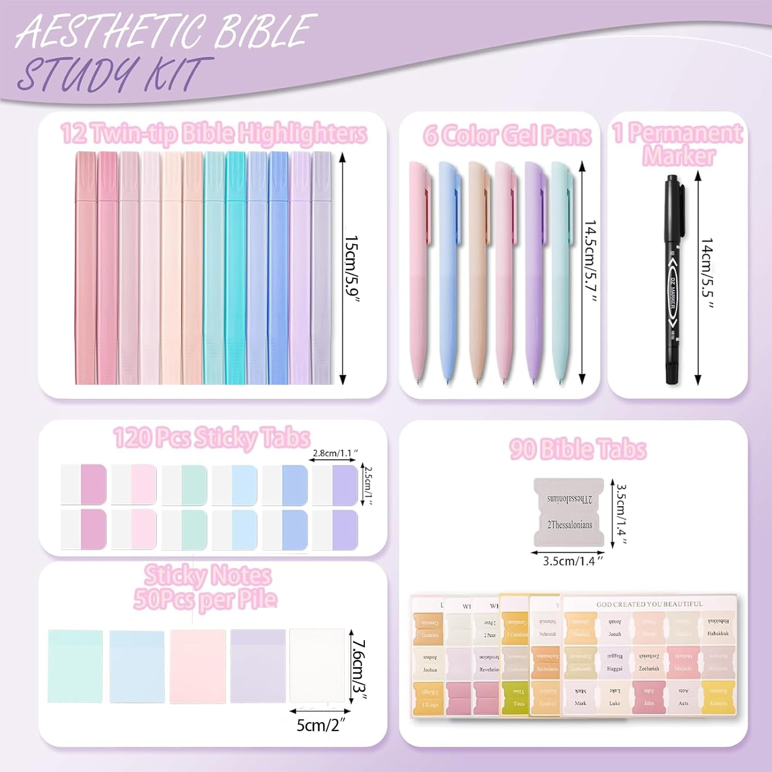 Yeanifeana 40-Piece Bible Study Supplies Kit for Women, 12 Dual-Tip Highlighters, 6 Pens, 90 Tabs, 5 Transparent Sticky Notes and More (Multicolor) image number 1
