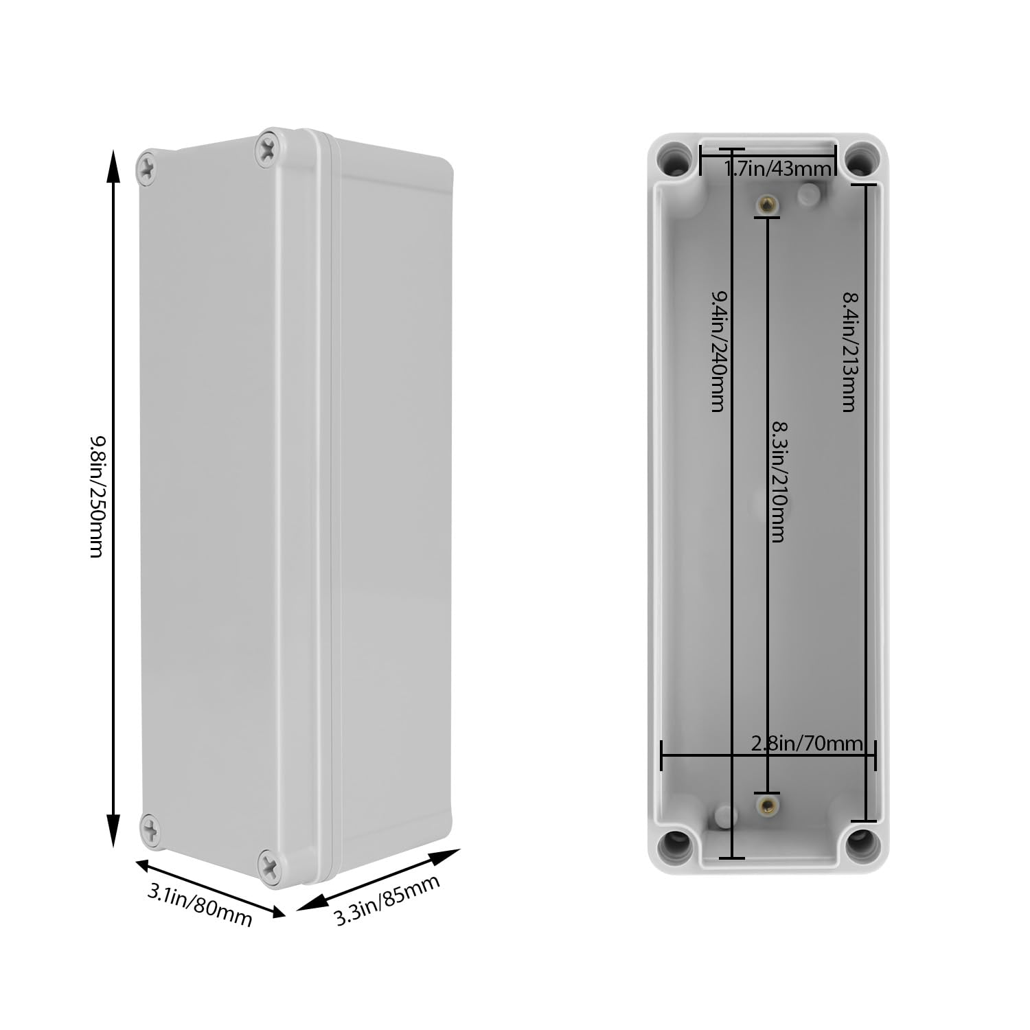 Hohaing Junction Box，9.8"X 3.3"X 3.1" Outdoor Electrical Box with Mounting Plate, IP67 Dustproof Waterproof ABS Plastic Project Box, DIY Electrical Enclosure Gray (250X 85X 80 Mm) image number 3