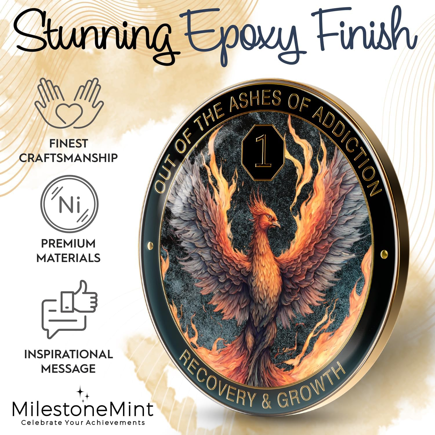 Milestonemint Phoenix Sobriety Coin | AA Chip Medallion Gift Set with Coin Capsule, Display Stand & Card for Sober Men & Women in Recovery | Sobriety Gifts for Anniversary Month & Year (1 Year) image number 4