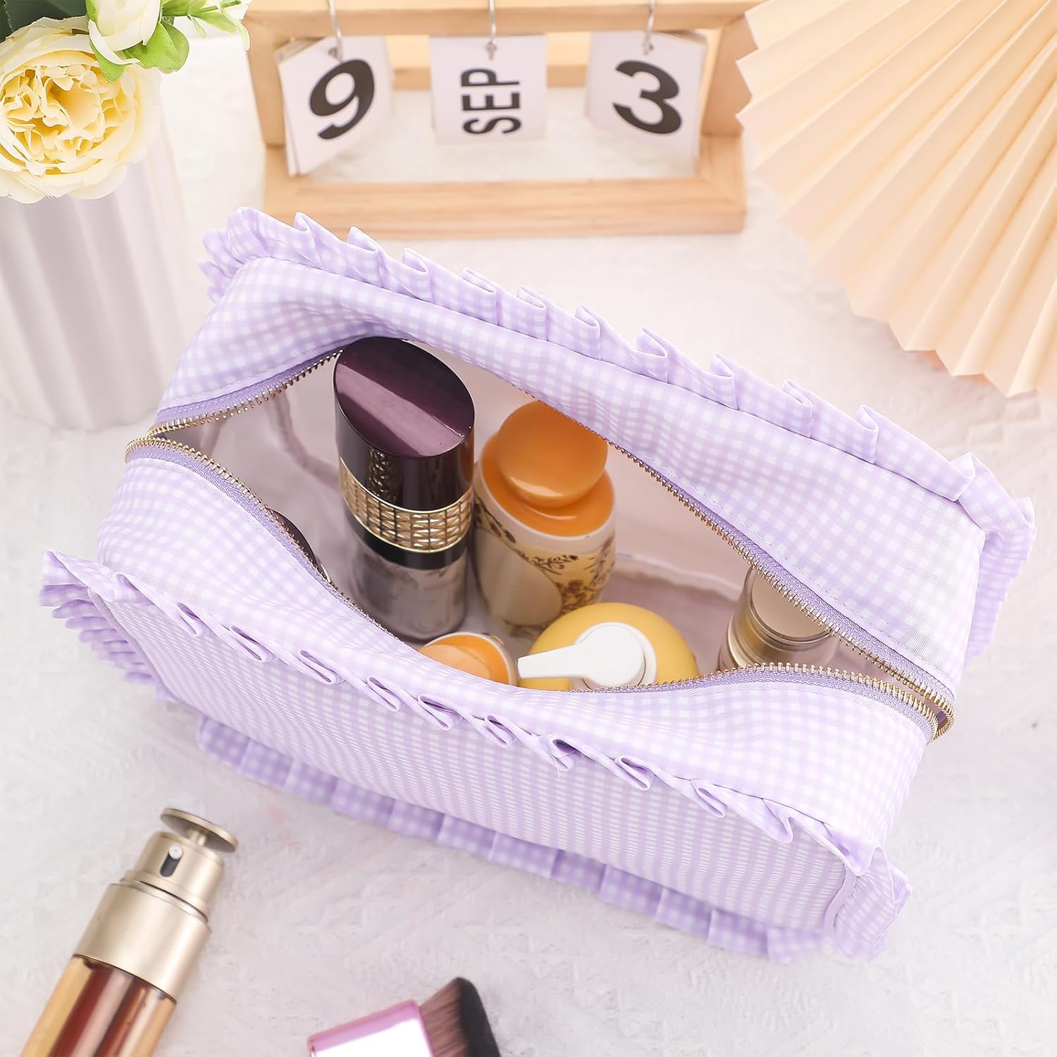 Siltriangle Gingham Ruffle Makeup Bag Large Travel Cute Checkered Cosmetic Toiletry Bag with Zipper for Women Girls, Toiletry Pouch Make up Organizer Gift, Purple image number 5