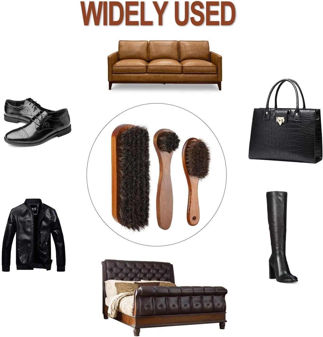 4 Pcs Horsehair Shine Brush Kit - Clean Polish Daubers Applicators, Leather Brush, Sofa 3 Pcs Dauber Applicator Brushes + 1Pc Shoes Cloth Glove Brown for Boots, Car Seats, Sofas, Bags image number 3