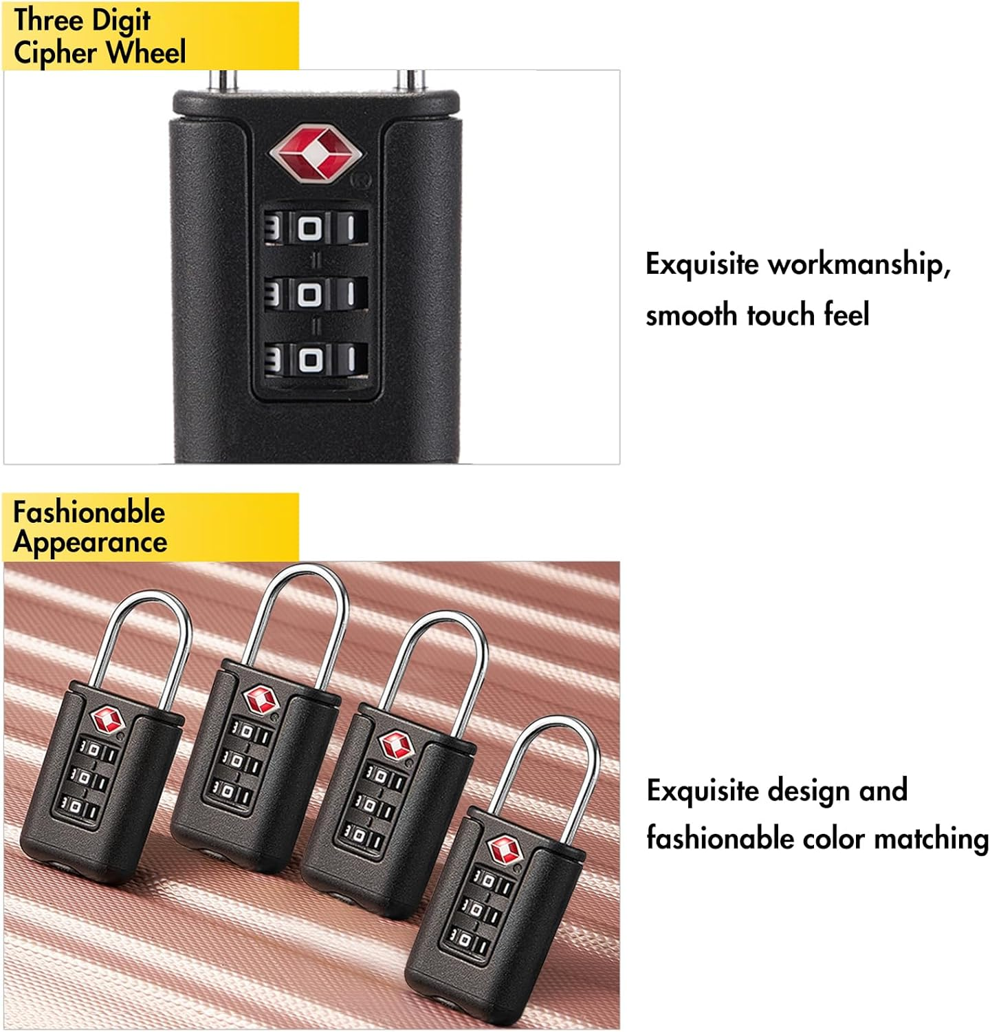 TSA Approved Luggage Locks, 4 Pack 3-Digit Suitcase Lock T Tersely with Alloy Body Lock for Travel Bag, Travel Combination Lock for Luggage,Bag,Case,Backpack,Gym Lockers(Black) image number 5