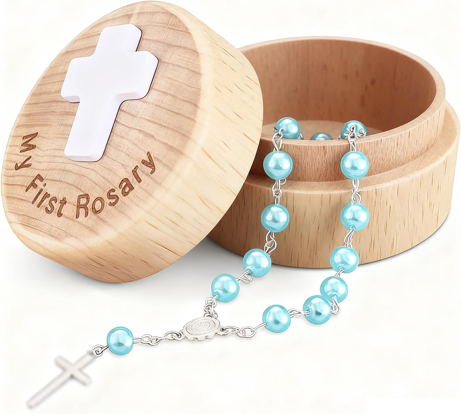 Surnavik Baby'S First Rosary Set - Deluxe Keepsake Memory Box with Pearlized Rosary Bracelet | Catholic Baptism Christening Newborns & Infants (Blue)