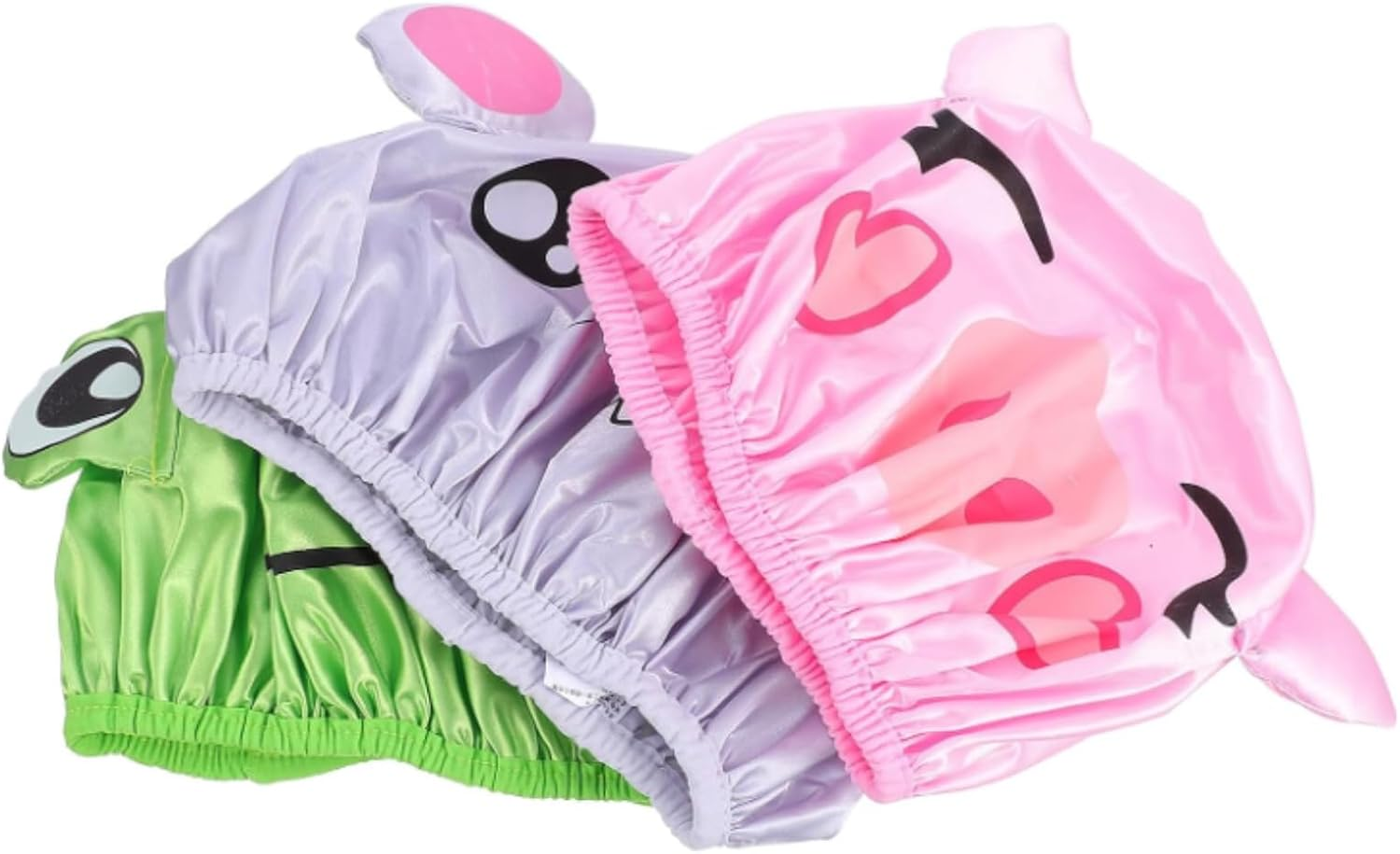 KFPPLXQ Cute Animal Design Shower Caps, 3-Pack Waterproof Reusable Hair Cover, Pink, Green, Grey, 10.2 Inch image number 4