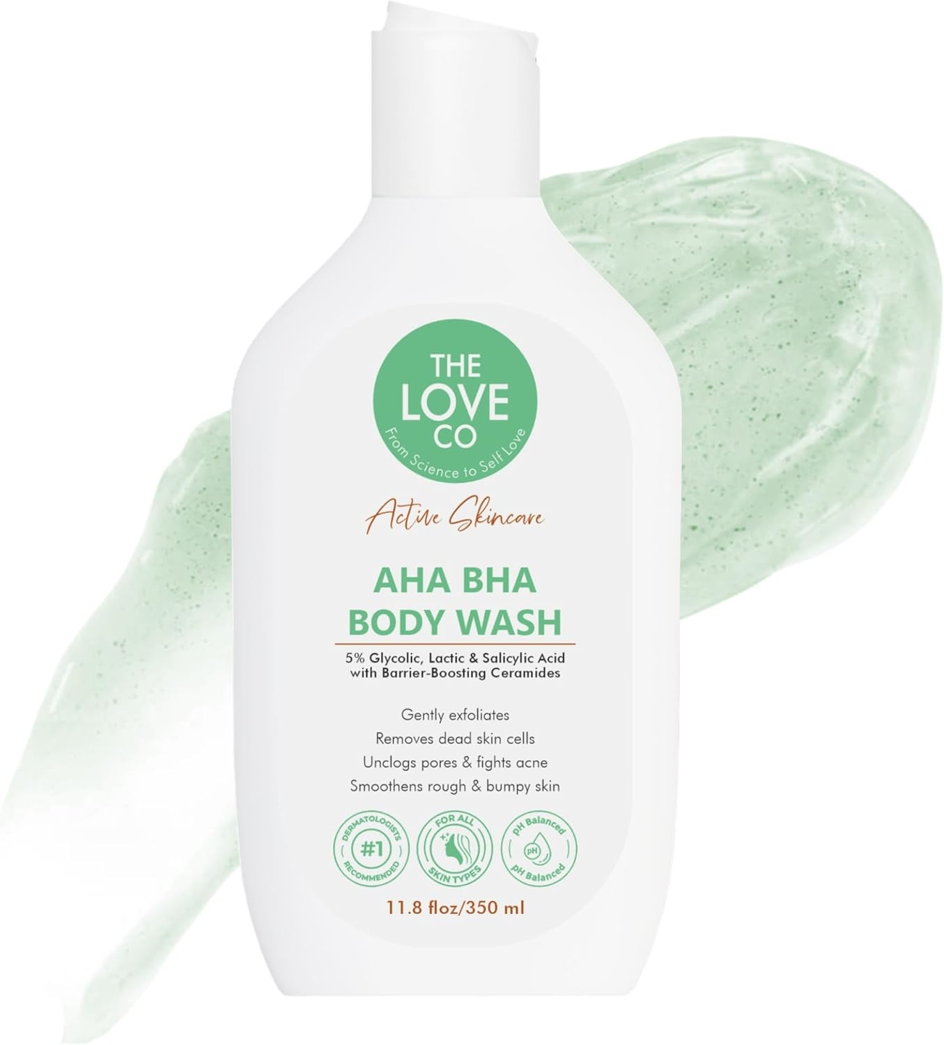 THE LOVE CO. AHA BHA Body Wash | 5% Glycolic, Lactic & Salicylic Acid | Gently Exfoliates, Fights Acne & Unclogs Pores | with Barrier-Boosting Ceramides | Sulphate-Free | Unisex | 350Ml