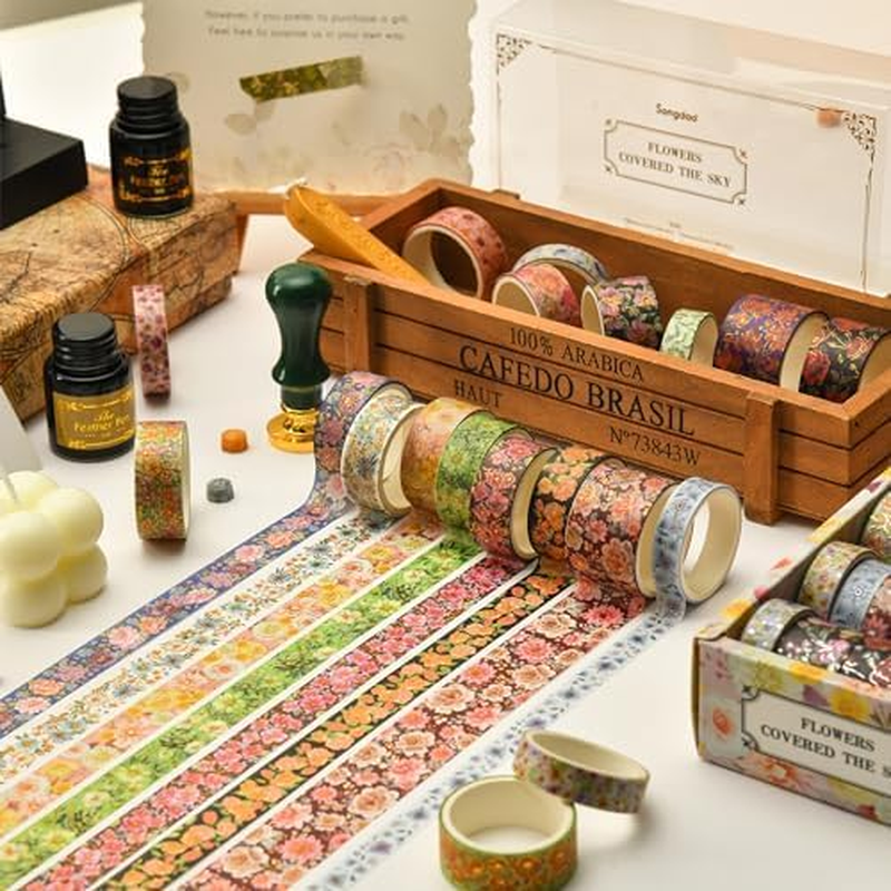 KAVI' S 20 Rolls Flowers Washi Tape Set Floral Arts Adhesive Tapes Gold Foil Decorative Masking Tape Sets for Craft, Kids, Scrapbook, DIY, Gift Wrapping image number 3