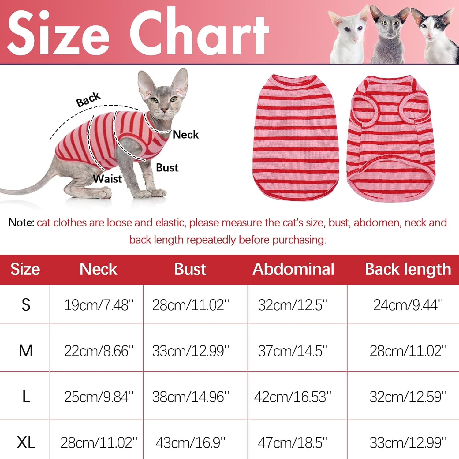 OUOBOB Sphynx Cat Clothes, Breathable Hairless Cat Shirts, Stripe Kitten T-Shirts Sleeveless, Pullover Cat Sweaters, Pet Summer Apparel for Sphynx, Cornish Rex, Devon Rex, Peterbald, Small Dogs image number 3