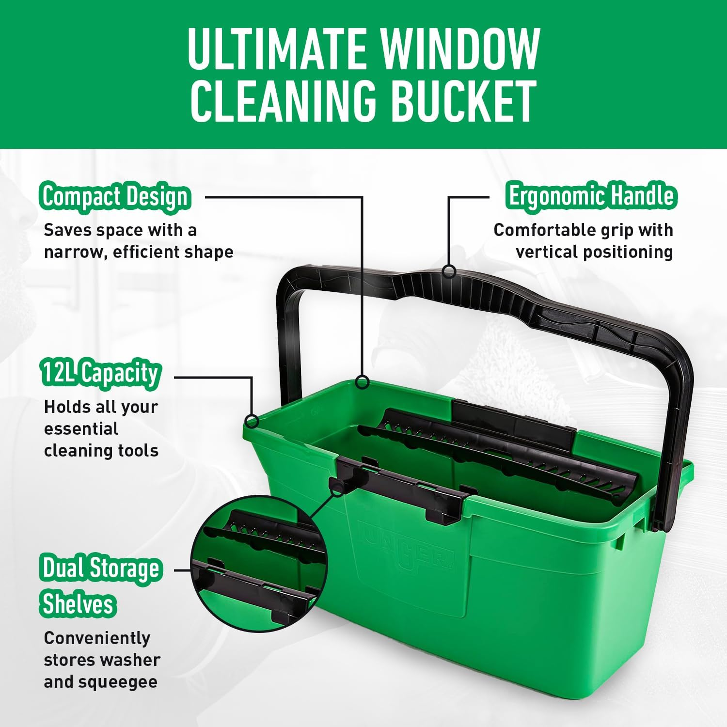 UNGER AK013 Window Cleaning Kit 3-In1 Starter Set - Window Squeegee, Microfibre Power Washer with T-Bar Handle, 18L Cleaning Bucket - Professional Window Cleaner Equipment, Green image number 5