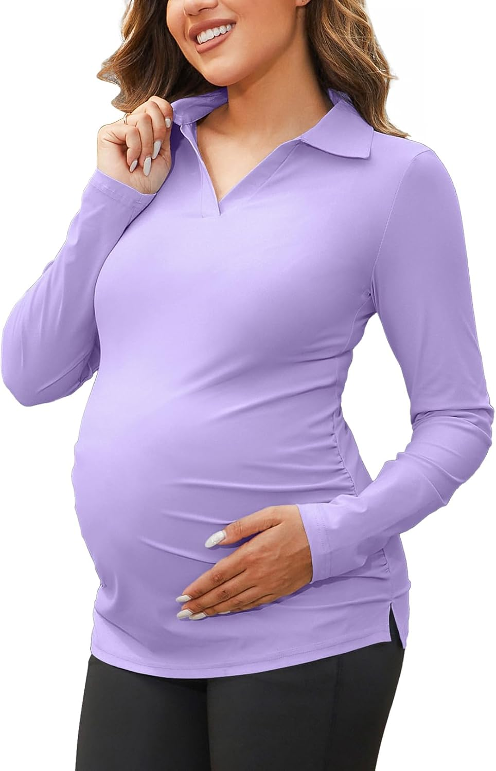 Bhome Maternity Golf Tennis Polo Shirts V Neck Pregnancy Long Sleeve Collared Work Tops Athletic Yoga Tee for Women