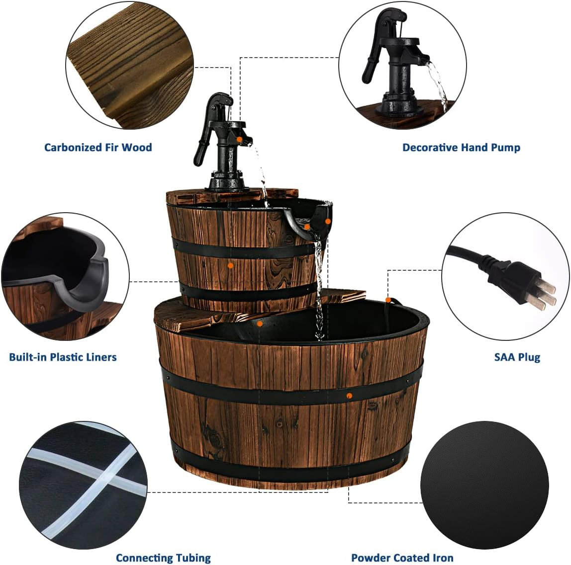 Costway 2 Tier Barrel Waterfall Fountain Barrel Wooden Water Fountain Pump Garden Patio image number 3